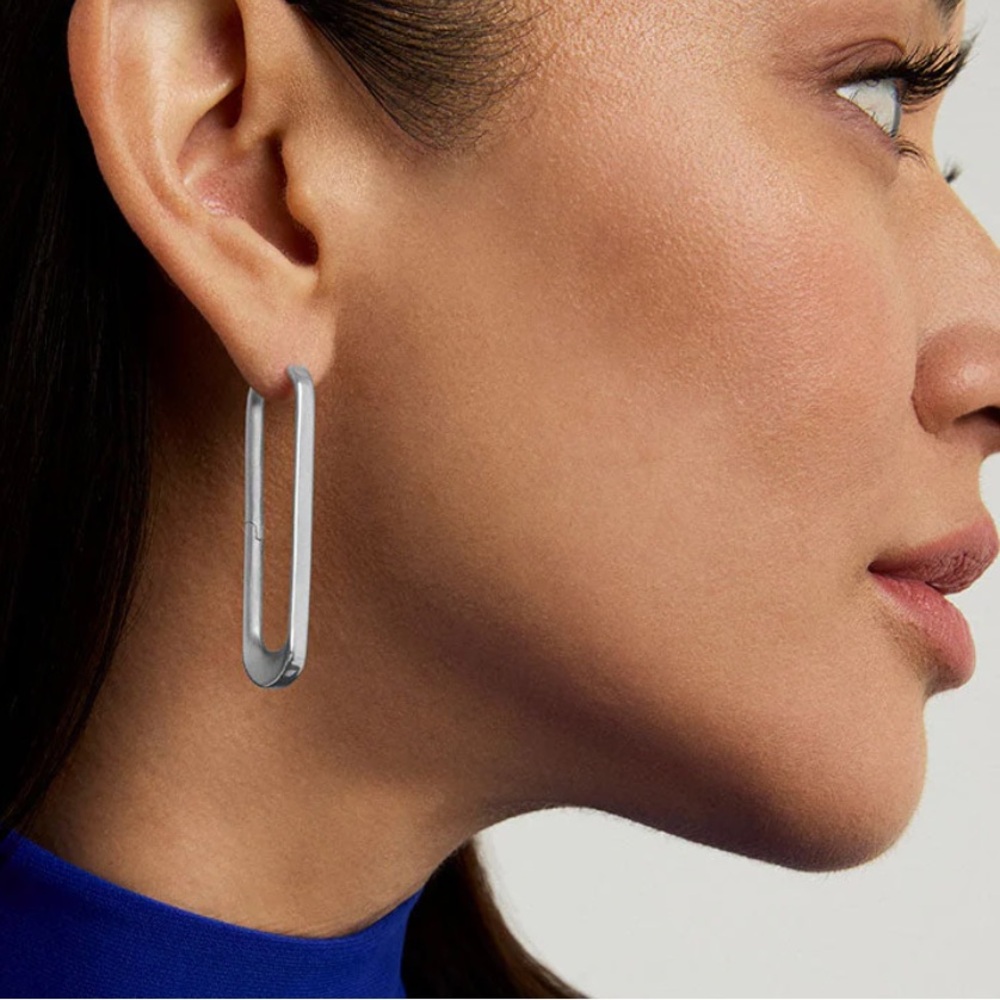 New! Dean Davidson Crosby Drop Hinged Hoops Brushed Silver Elongated Earrings